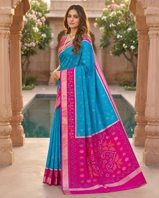 Sky blue soft silk blend pochampalli saree with zari weaving meenakari design 3