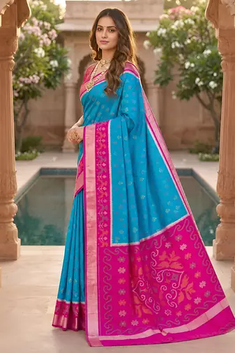 Sky blue soft silk blend pochampalli saree with zari weaving meenakari design
