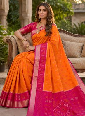 Orange soft silk blend pochampalli saree with zari weaving meenakari design 4