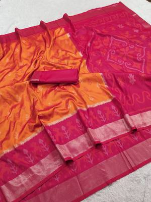 Orange soft silk blend pochampalli saree with zari weaving meenakari design 5