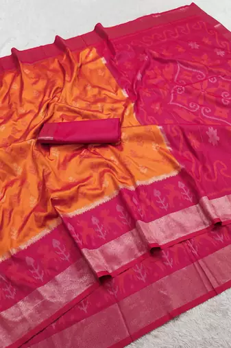 Orange soft silk blend pochampalli saree with zari weaving meenakari design