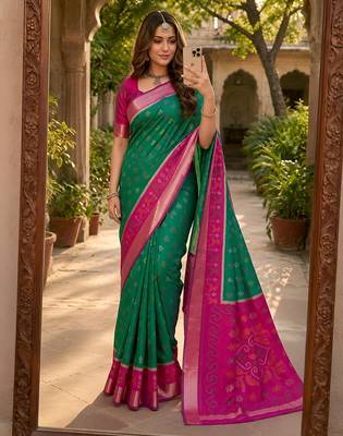 Sea green soft silk blend pochampalli saree with zari weaving meenakari design 4