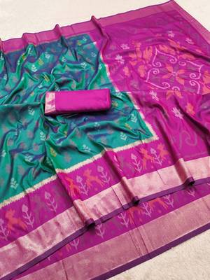 Sea green soft silk blend pochampalli saree with zari weaving meenakari design 5