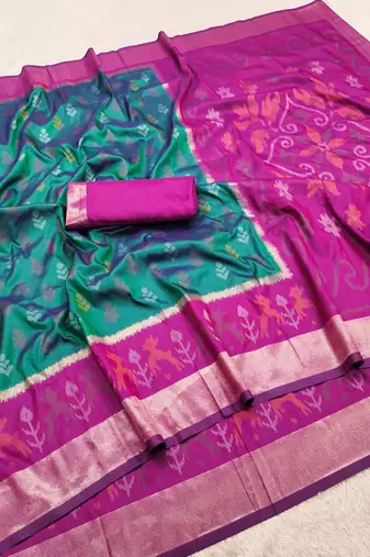 Sea green soft silk blend pochampalli saree with zari weaving meenakari design