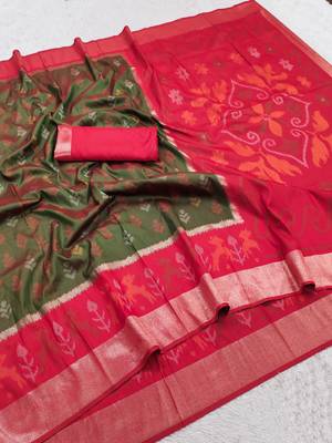 Green soft silk blend pochampalli saree with zari weaving meenakari design 5