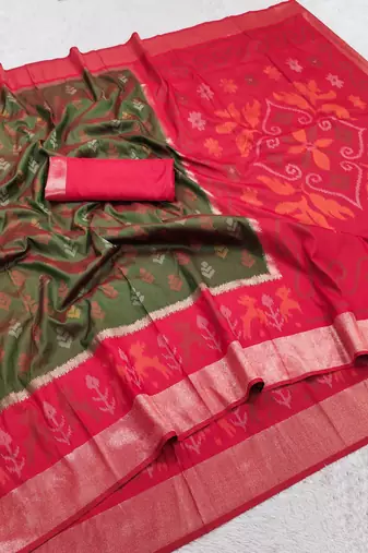 Green soft silk blend pochampalli saree with zari weaving meenakari design