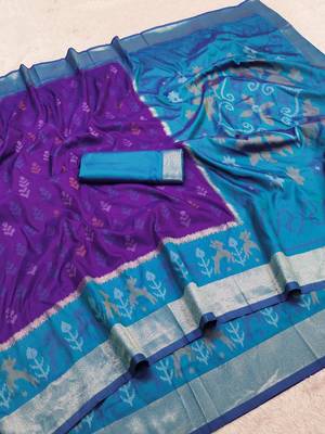 Purple soft silk blend pochampalli saree with zari weaving meenakari design 5