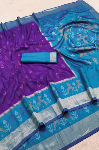 Purple soft silk blend pochampalli saree with zari weaving meenakari design