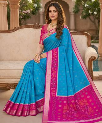 Sky blue soft silk blend pochampalli saree with zari weaving meenakari design 4