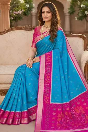 Sky blue soft silk blend pochampalli saree with zari weaving meenakari design