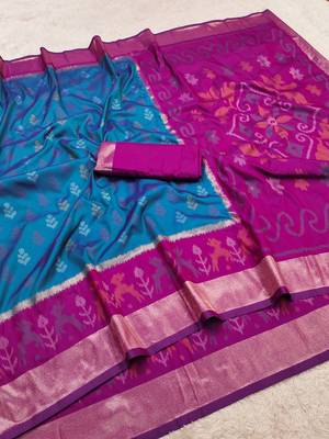 Sky blue soft silk blend pochampalli saree with zari weaving meenakari design 5