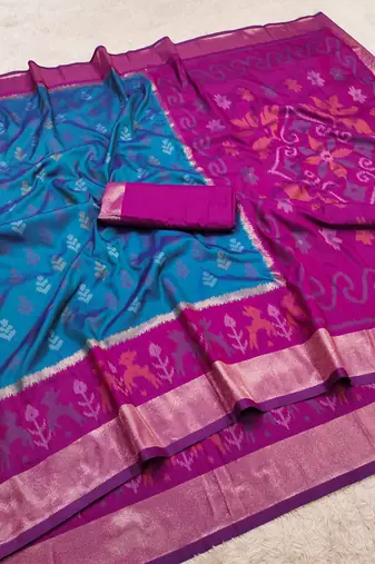 Sky blue soft silk blend pochampalli saree with zari weaving meenakari design