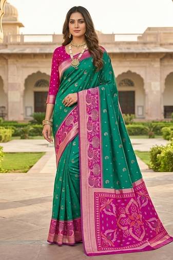 Sea green soft silk blend pochampalli saree with zari weaving meenakari design