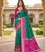 Sea green soft silk blend pochampalli saree with zari weaving meenakari design