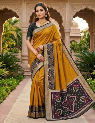 Golden soft silk blend pochampalli saree with zari weaving meenakari design 1