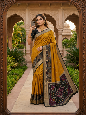 Golden soft silk blend pochampalli saree with zari weaving meenakari design 2