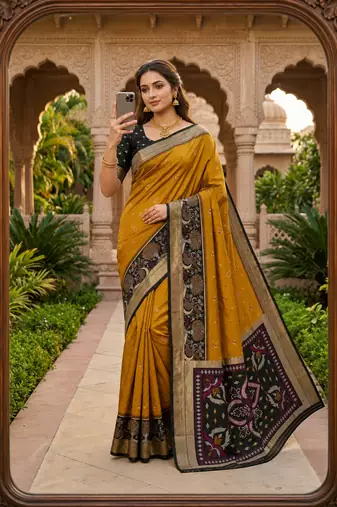 Golden soft silk blend pochampalli saree with zari weaving meenakari design