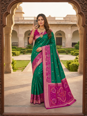 Sea green soft silk blend pochampalli saree with zari weaving meenakari design 2