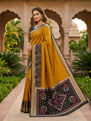 Golden soft silk blend pochampalli saree with zari weaving meenakari design 3
