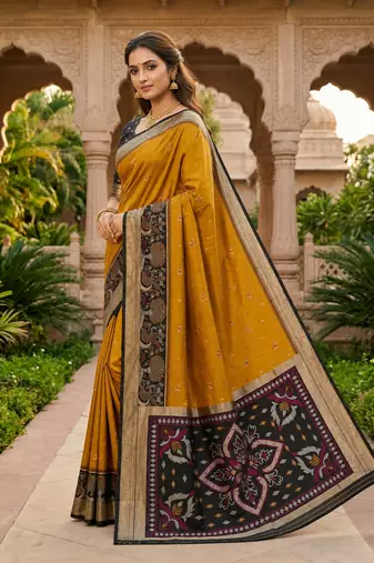 Golden soft silk blend pochampalli saree with zari weaving meenakari design