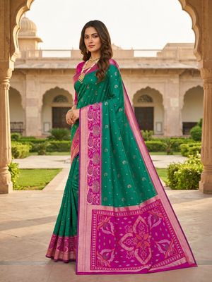 Sea green soft silk blend pochampalli saree with zari weaving meenakari design 3