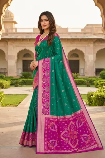 Sea green soft silk blend pochampalli saree with zari weaving meenakari design