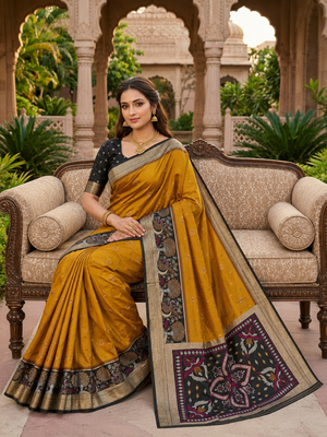 Golden soft silk blend pochampalli saree with zari weaving meenakari design 4