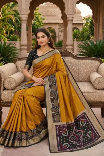 Golden soft silk blend pochampalli saree with zari weaving meenakari design