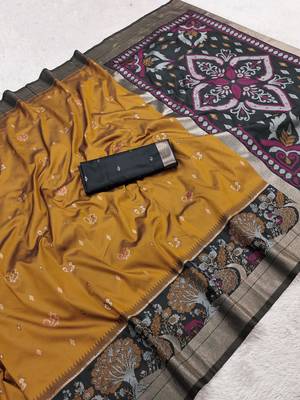 Golden soft silk blend pochampalli saree with zari weaving meenakari design 5