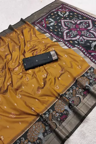 Golden soft silk blend pochampalli saree with zari weaving meenakari design