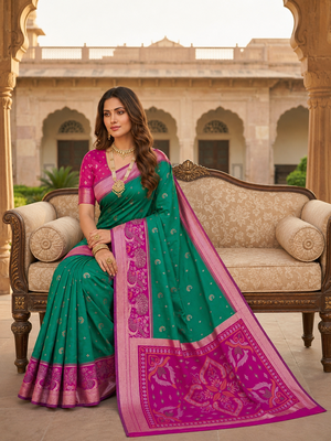 Sea green soft silk blend pochampalli saree with zari weaving meenakari design 4