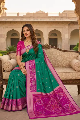 Sea green soft silk blend pochampalli saree with zari weaving meenakari design