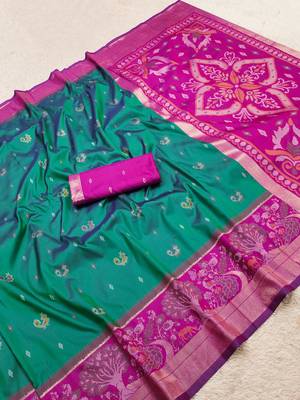 Sea green soft silk blend pochampalli saree with zari weaving meenakari design 5