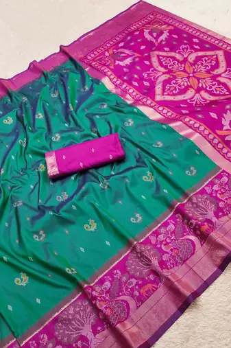 Sea green soft silk blend pochampalli saree with zari weaving meenakari design