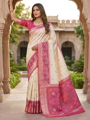 White soft silk blend pochampalli saree with zari weaving meenakari design 1