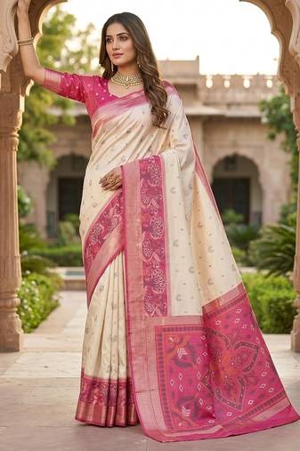 White soft silk blend pochampalli saree with zari weaving meenakari design