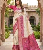 White soft silk blend pochampalli saree with zari weaving meenakari design
