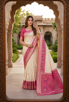White soft silk blend pochampalli saree with zari weaving meenakari design 2
