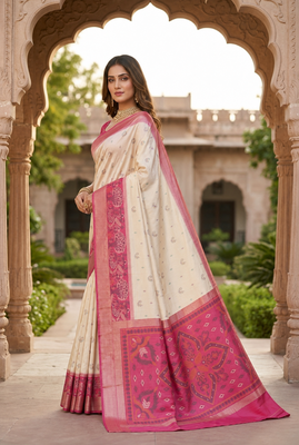 White soft silk blend pochampalli saree with zari weaving meenakari design 3