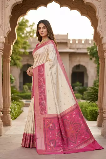 White soft silk blend pochampalli saree with zari weaving meenakari design