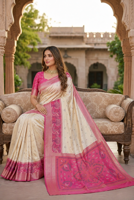 White soft silk blend pochampalli saree with zari weaving meenakari design 4