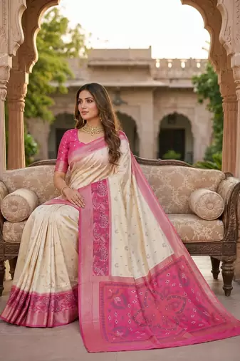 White soft silk blend pochampalli saree with zari weaving meenakari design