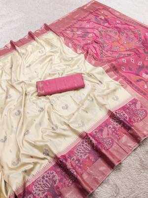 White soft silk blend pochampalli saree with zari weaving meenakari design 5