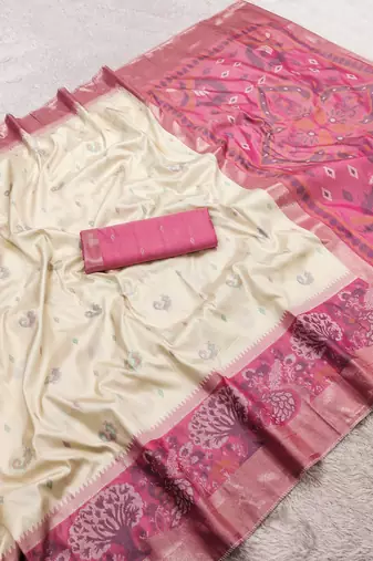 White soft silk blend pochampalli saree with zari weaving meenakari design