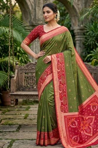 Green soft silk blend pochampalli saree with zari weaving meenakari design