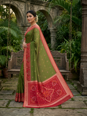 Green soft silk blend pochampalli saree with zari weaving meenakari design 2