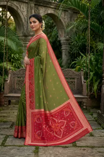 Green soft silk blend pochampalli saree with zari weaving meenakari design