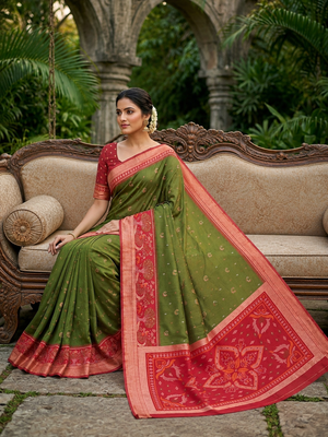 Green soft silk blend pochampalli saree with zari weaving meenakari design 3