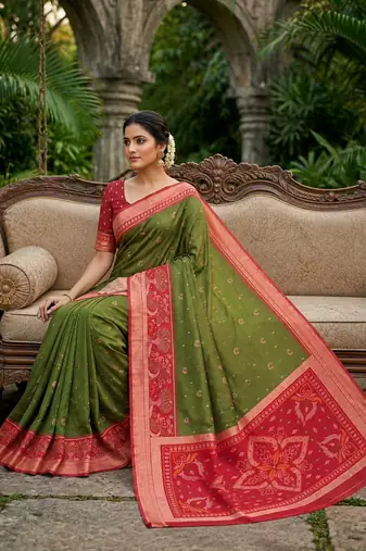 Green soft silk blend pochampalli saree with zari weaving meenakari design