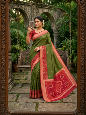 Green soft silk blend pochampalli saree with zari weaving meenakari design 4